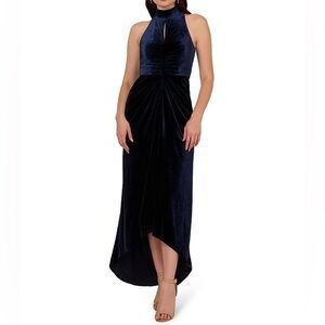 NWT Adrianna Papell Velvet Stretch Sheath Twist Front Halter High Low Hem Gown
